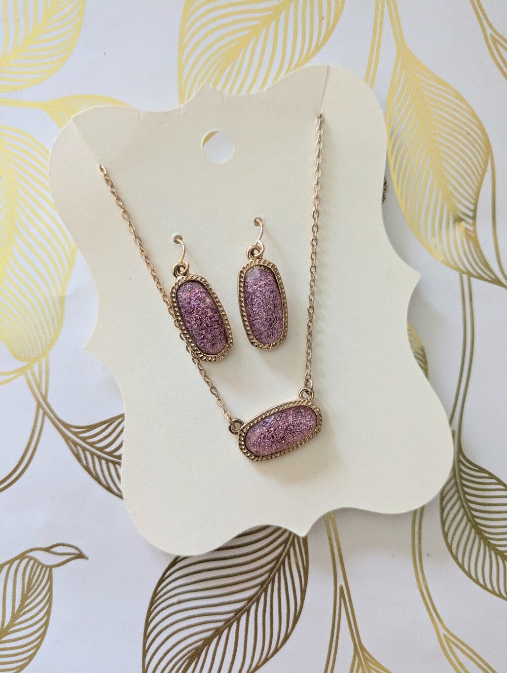 Modern Druzy Rose Pendant Necklace And Earrings Set
